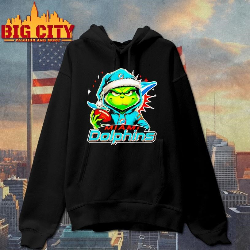 Grinch wearing Santa x Miami Dolphins hat Christmas shirt