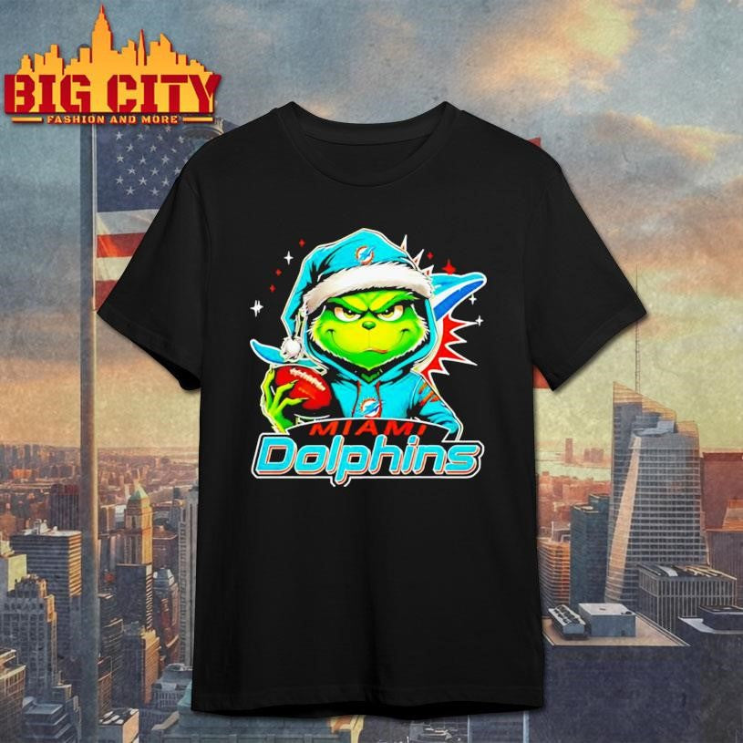 Grinch wearing Santa x Miami Dolphins hat Christmas shirt