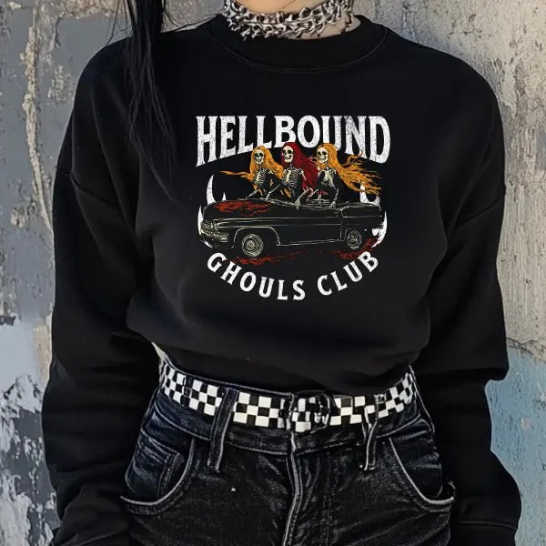 Hellbound Ghouls Club Black Crewneck Sweatshirt, T Shirt, or Hoodie Pullover | Punk, Alt, Grunge, Goth, Skeleton Style, Valentine's Day Gift