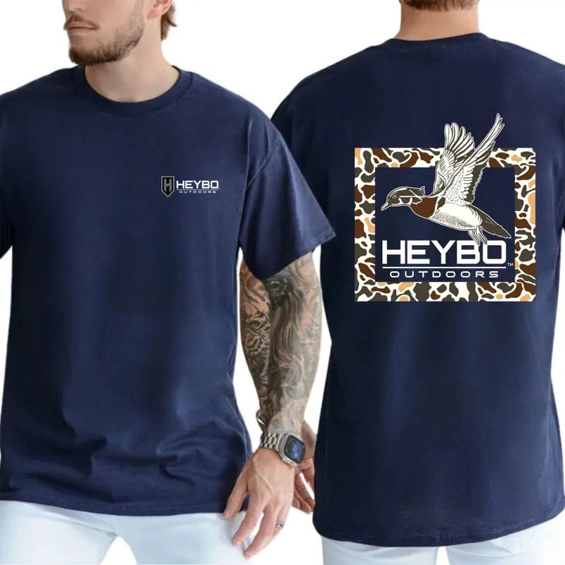Heybo Outdoors T-Shirt - Bold Waterfowl-Themed Design with Signature Camouflage Frame and Duck Artwork, Unisex T-Shirts for Outdoor Enthusiasts, Menswear Tops Tshirt Streetwear