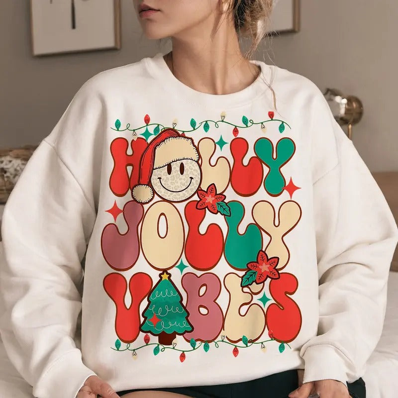 Holly Jolly Vibes Sweatshirt, Christmas 2024 Season, Merry Claus Unisex Crewneck Sweatshirt & T-shirt in Cotton Fabric - Fitted, Garment