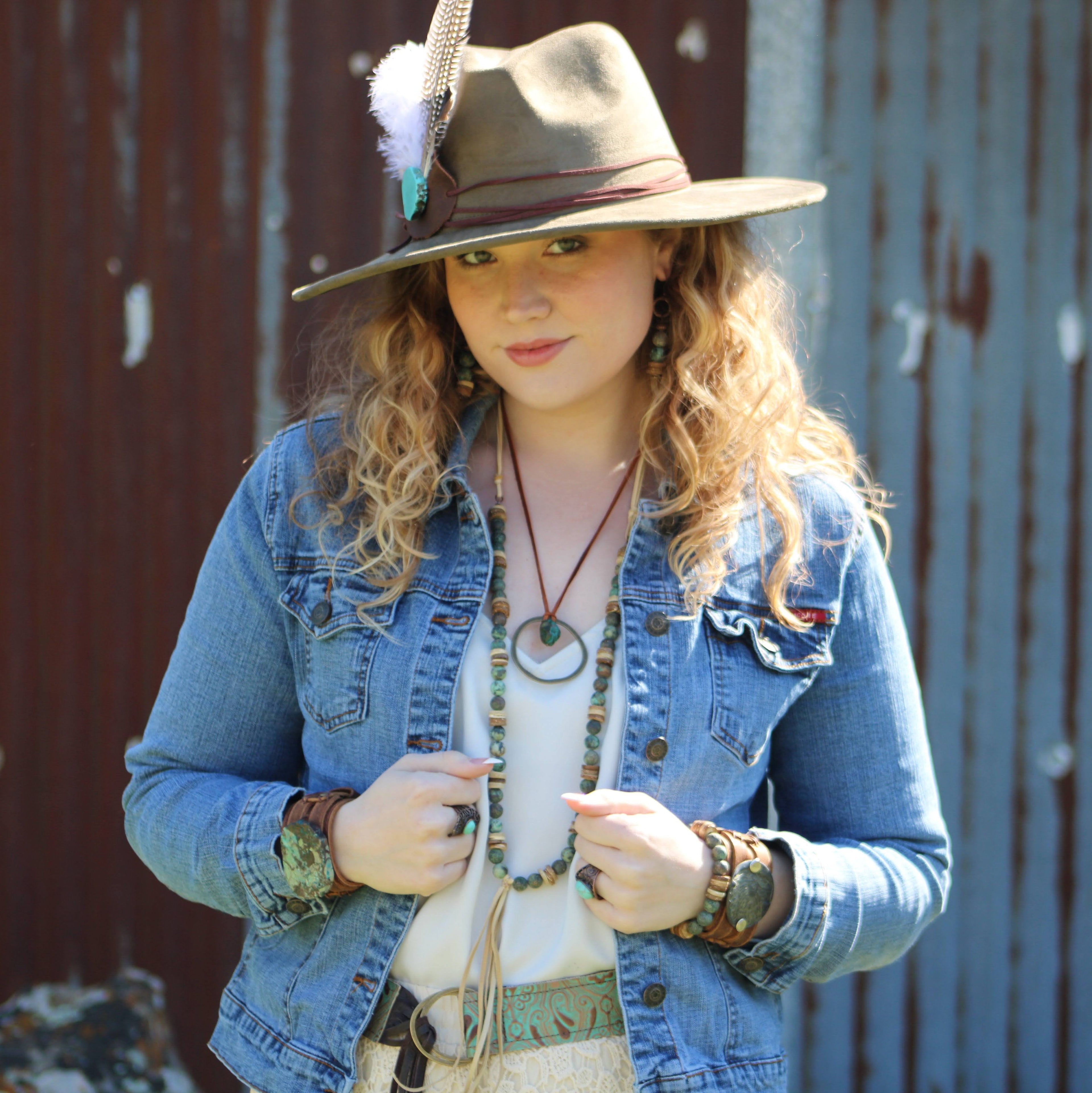 Leather Cord Necklace Antique Gold Hoop & Natural Turquoise  254v