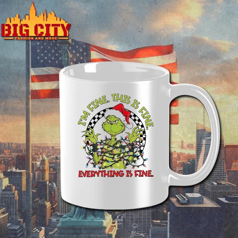 I’m Fine This is Fine Everything’s Fine Christmas lights Grinch Santa shirt