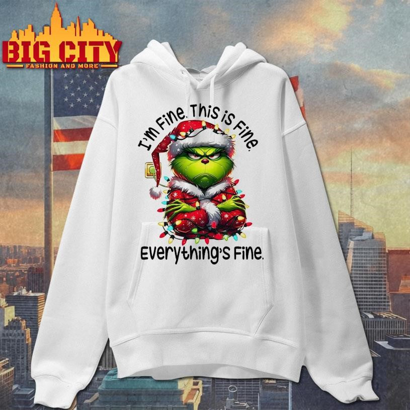 I’m Fine This is Fine Everything’s Fine Christmas lights with Grinch shirt