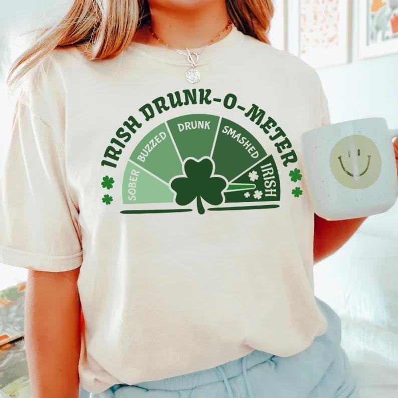 Irish Drunk O Meter Tshirt,Funny St Patricks Day Shirt,Irish Lovers and St Paddys Day,90's Y2k Shirts,St Patricks Day & Pub Shirt Top Womenswear