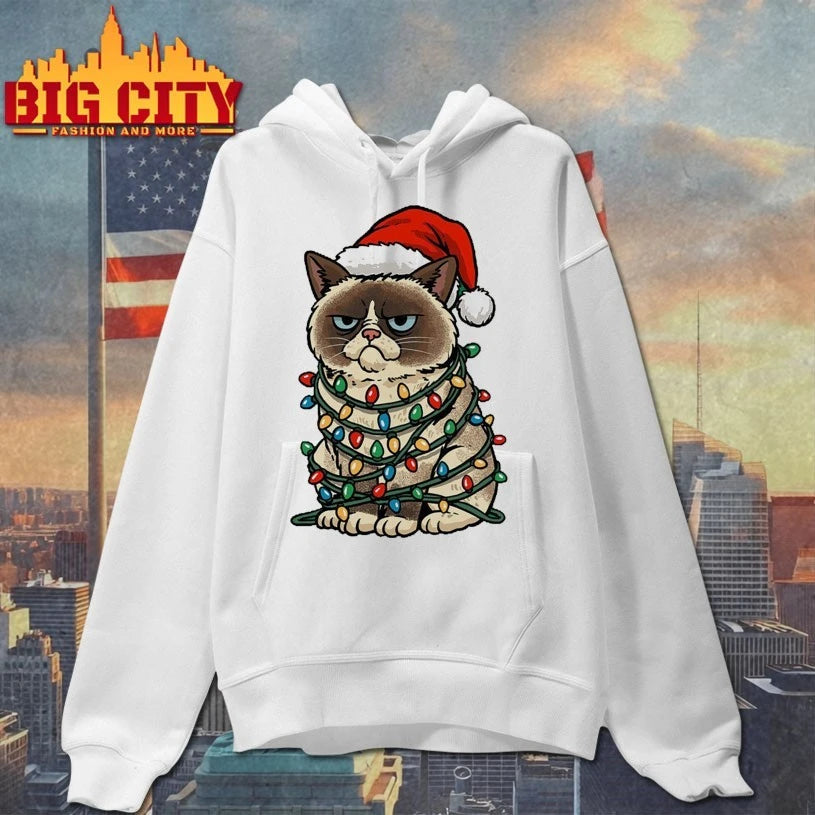 Jolly Christmas Cat Santa Hat and light christmas shirt