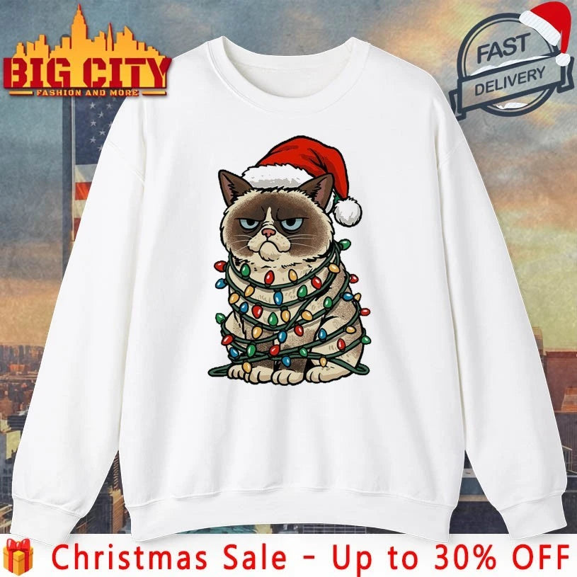 Jolly Christmas Cat Santa Hat and light christmas shirt