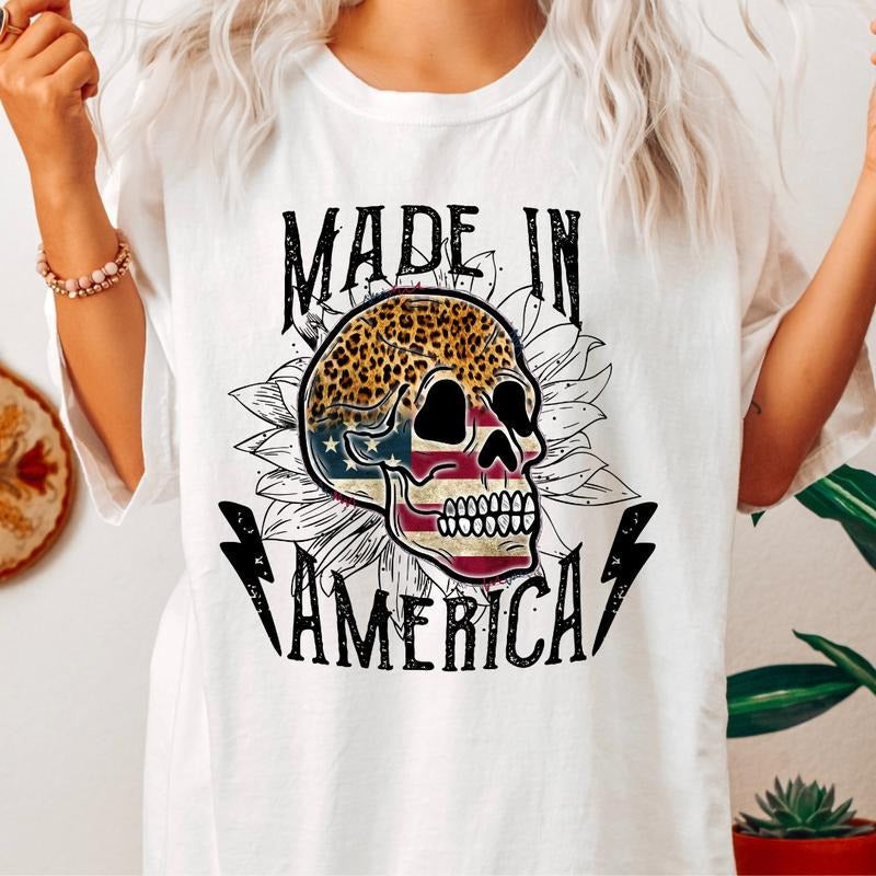 MADE IN AMERICA SKULL SHIRT, 4TH OF JULY SHIRT, JULY 4TH SHIRT UNISEX COTTON SHIRT, OVERSIZED HOLIDAY SUMMER SHIRT Comfort Fabric