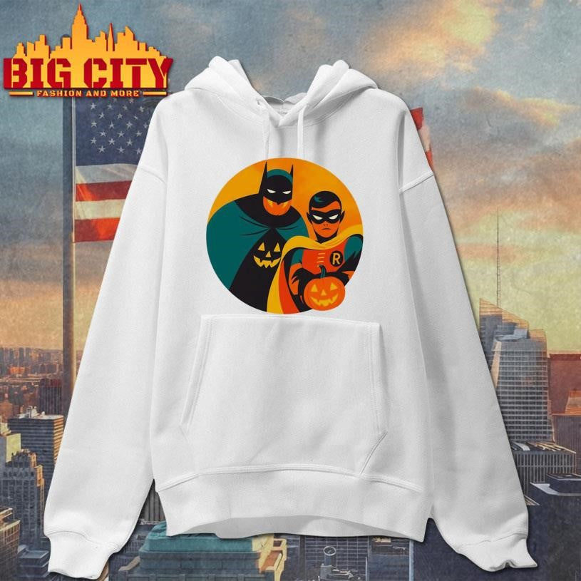 Masked Superhero Duo With Halloween Pumpkins On Orange Background Shirt