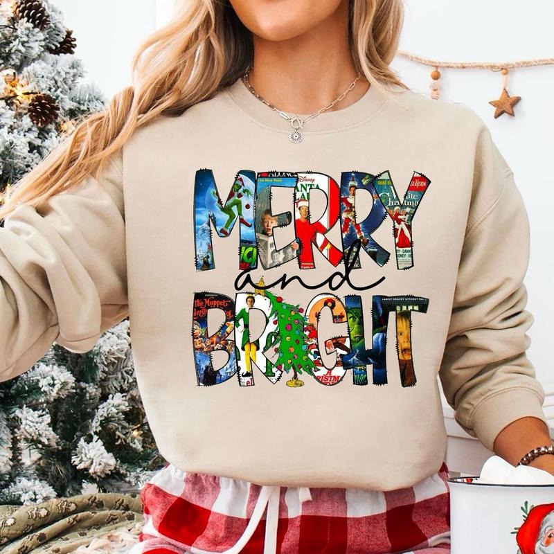 Merry and Bright Sweatshirt, Christmas Movies Shirt, Vintage Christmas Sweatshirt, Merry Christmas Shirt, Retro Christmas Sweater, 90s Holiday Shirt