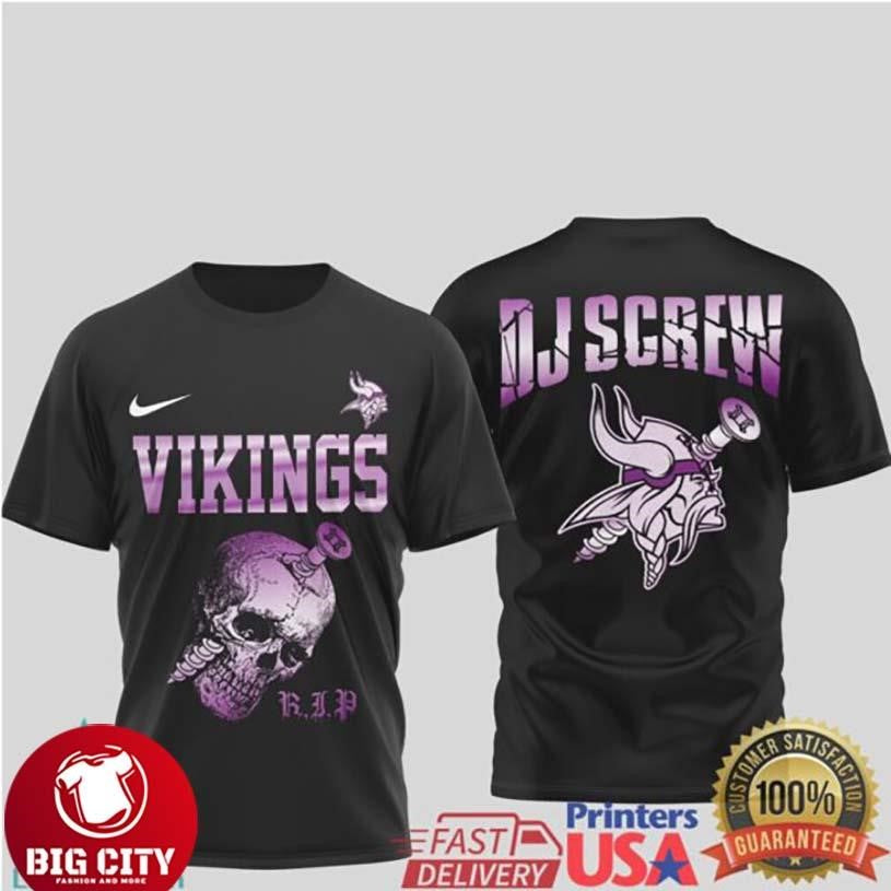 Minnesota Vikings DJ Screw R.I.P. Skull Tribute Purple Graphic Two Sided Shirt
