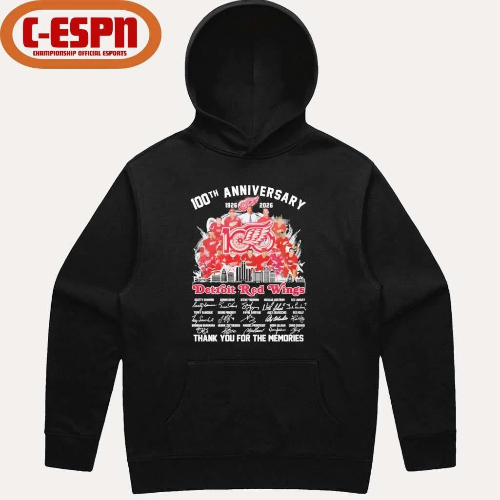 Official 100th Anniversary 1926-2026 Detroit Red Wings Team Hockey Signatures Shirt
