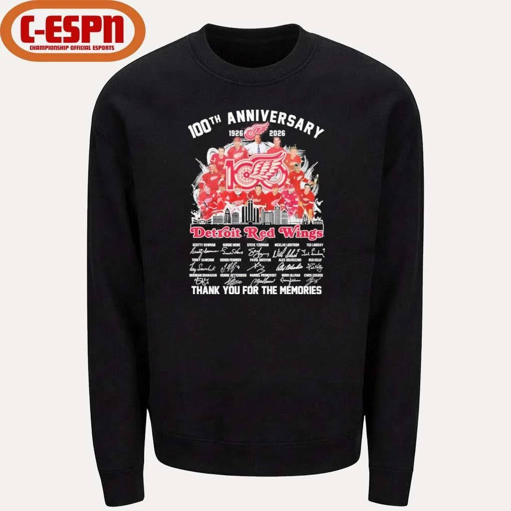 Official 100th Anniversary 1926-2026 Detroit Red Wings Team Hockey Signatures Shirt