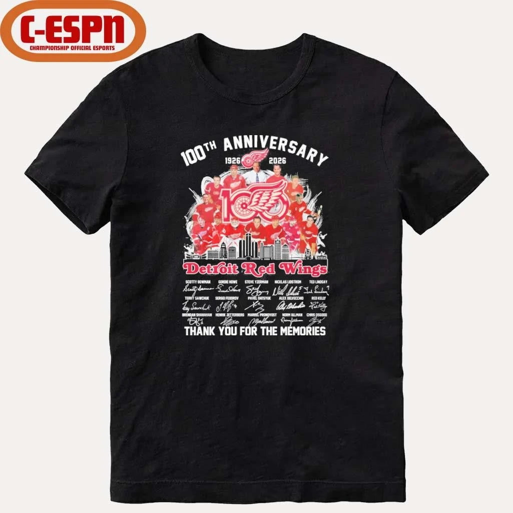 Official 100th Anniversary 1926-2026 Detroit Red Wings Team Hockey Signatures Shirt