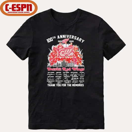 Official 100th Anniversary 1926-2026 Detroit Red Wings Team Hockey Signatures Shirt