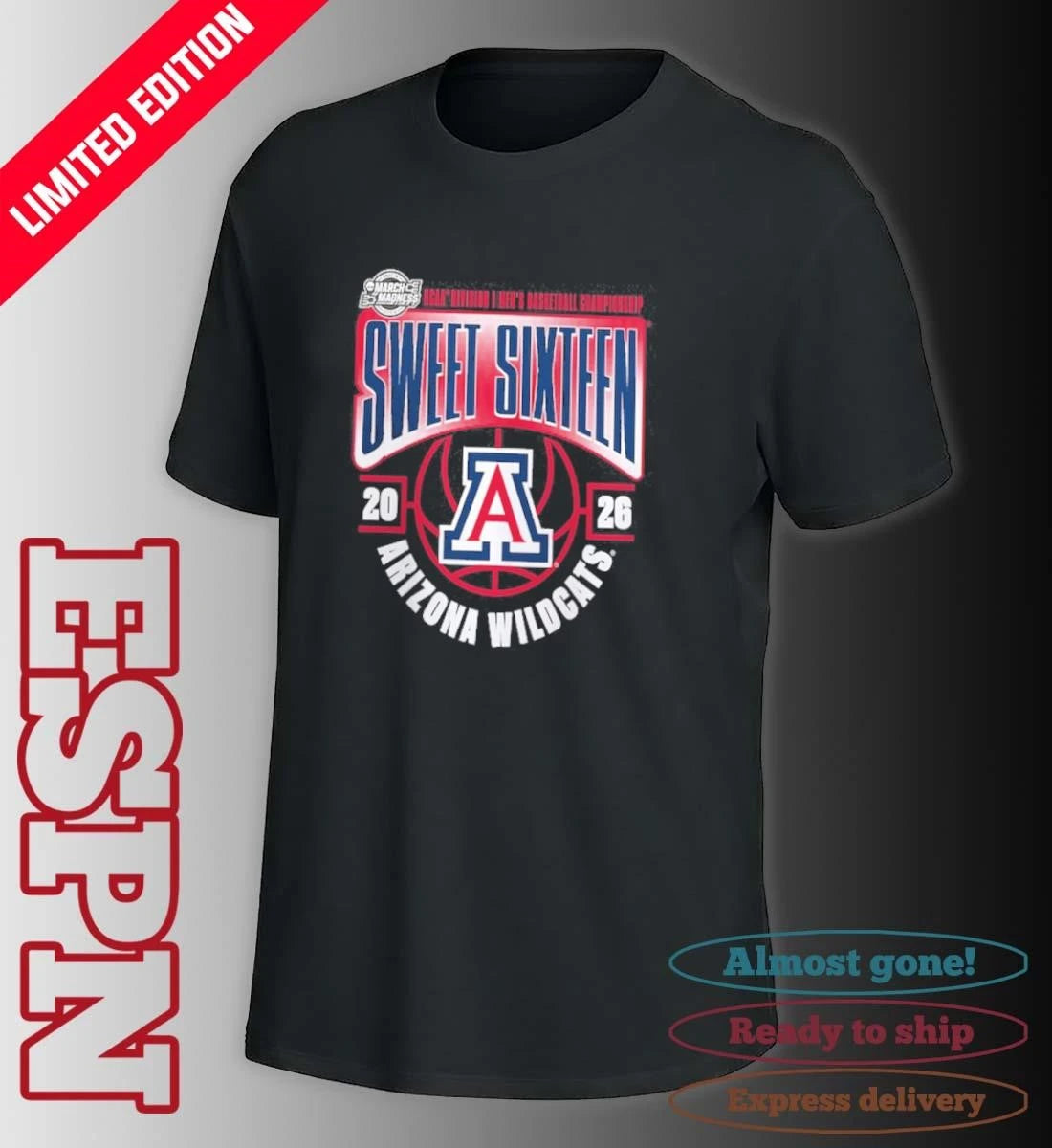 Official Arizona Wildcats 2026 NCAA Men’s Basketball Tournament March Madness Sweet 16 T-Shirt