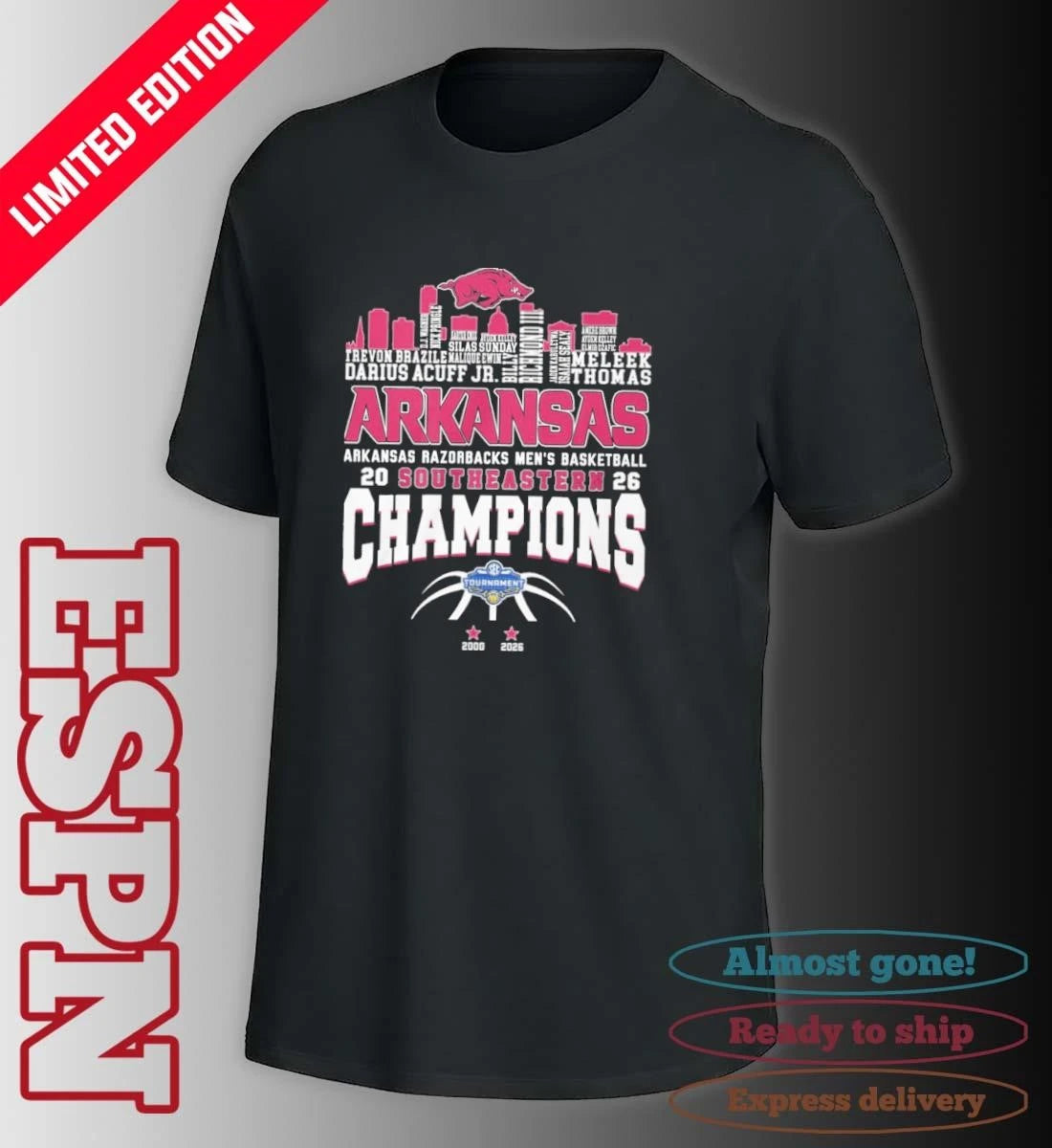 Official Arkansas Men’s Basketball 2026 SEC Conference Champions Skyline Player Name Shirt