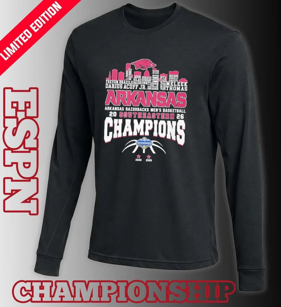 Official Arkansas Men’s Basketball 2026 SEC Conference Champions Skyline Player Name Shirt