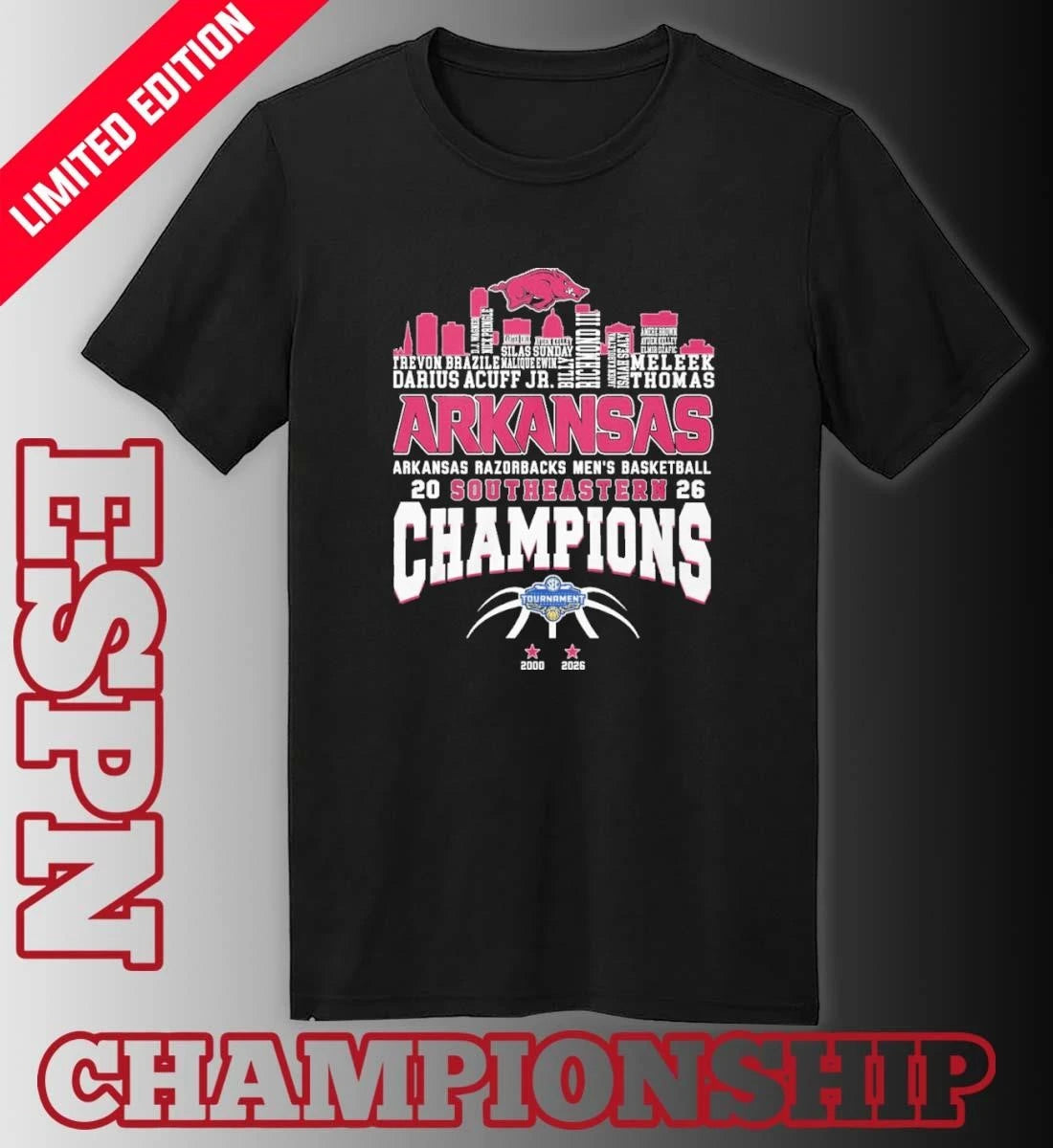 Official Arkansas Men’s Basketball 2026 SEC Conference Champions Skyline Player Name Shirt