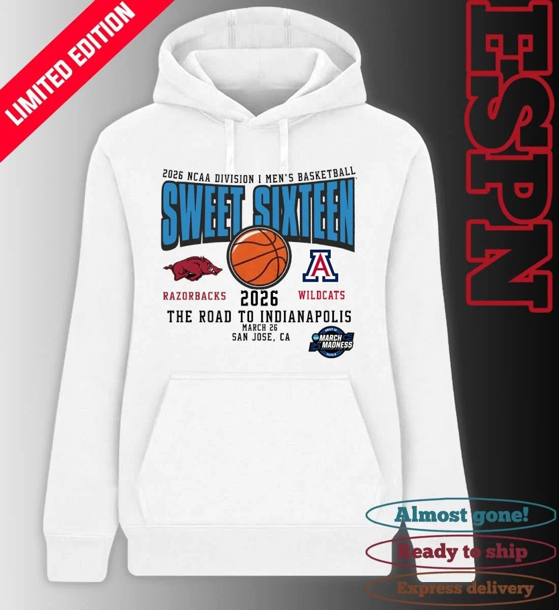 Official Arkansas Vs Arizona 2026 NCAA DI Men’s Basketball Tournament Sweet Sixteen T-Shirt
