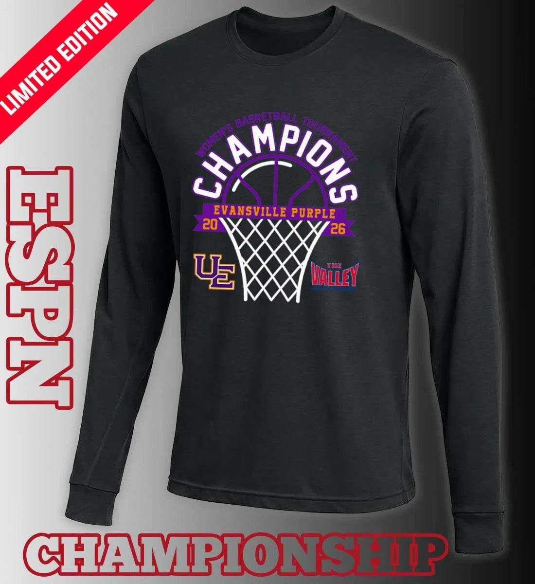 Official Evansville Purple 2026 Missouri Valley Conference Women’s Basketball Tournament Champions Shirt
