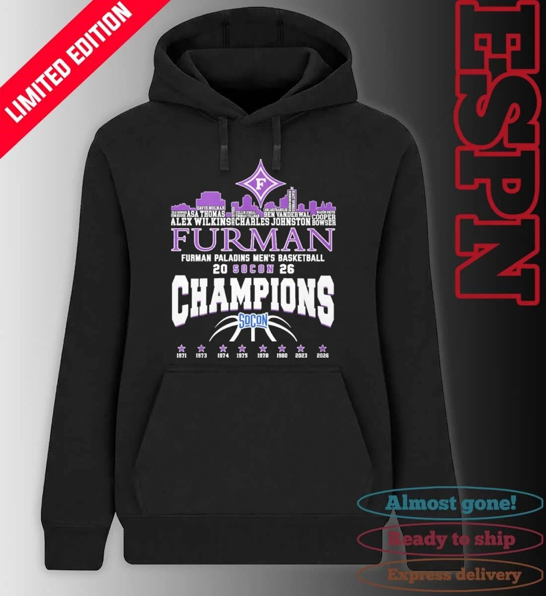 Official Furman Men’s Basketball 2026 Socon Champions Skyline Player Name Shirt