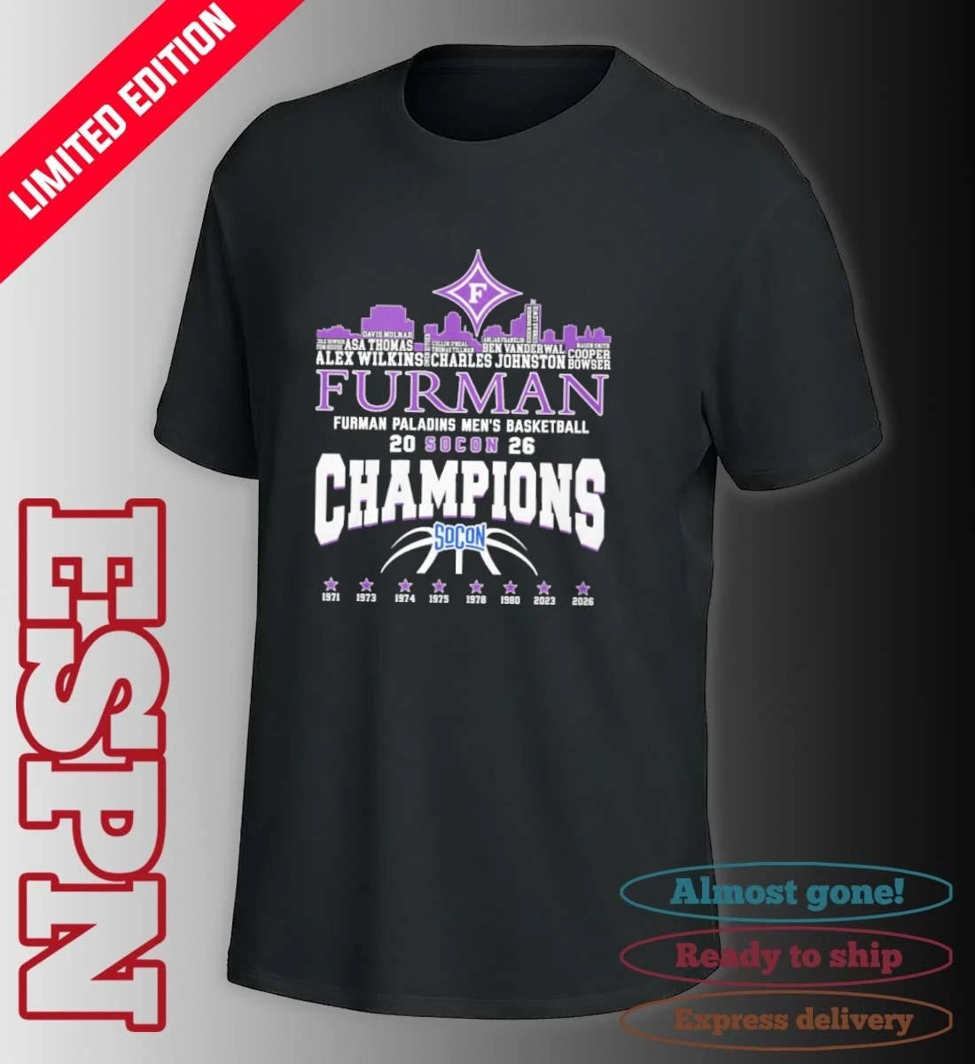 Official Furman Men’s Basketball 2026 Socon Champions Skyline Player Name Shirt