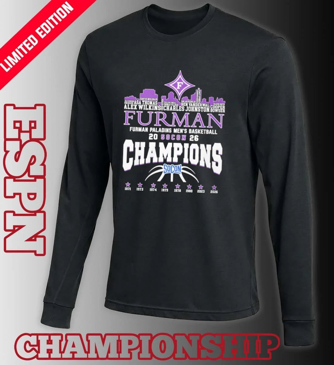 Official Furman Men’s Basketball 2026 Socon Champions Skyline Player Name Shirt