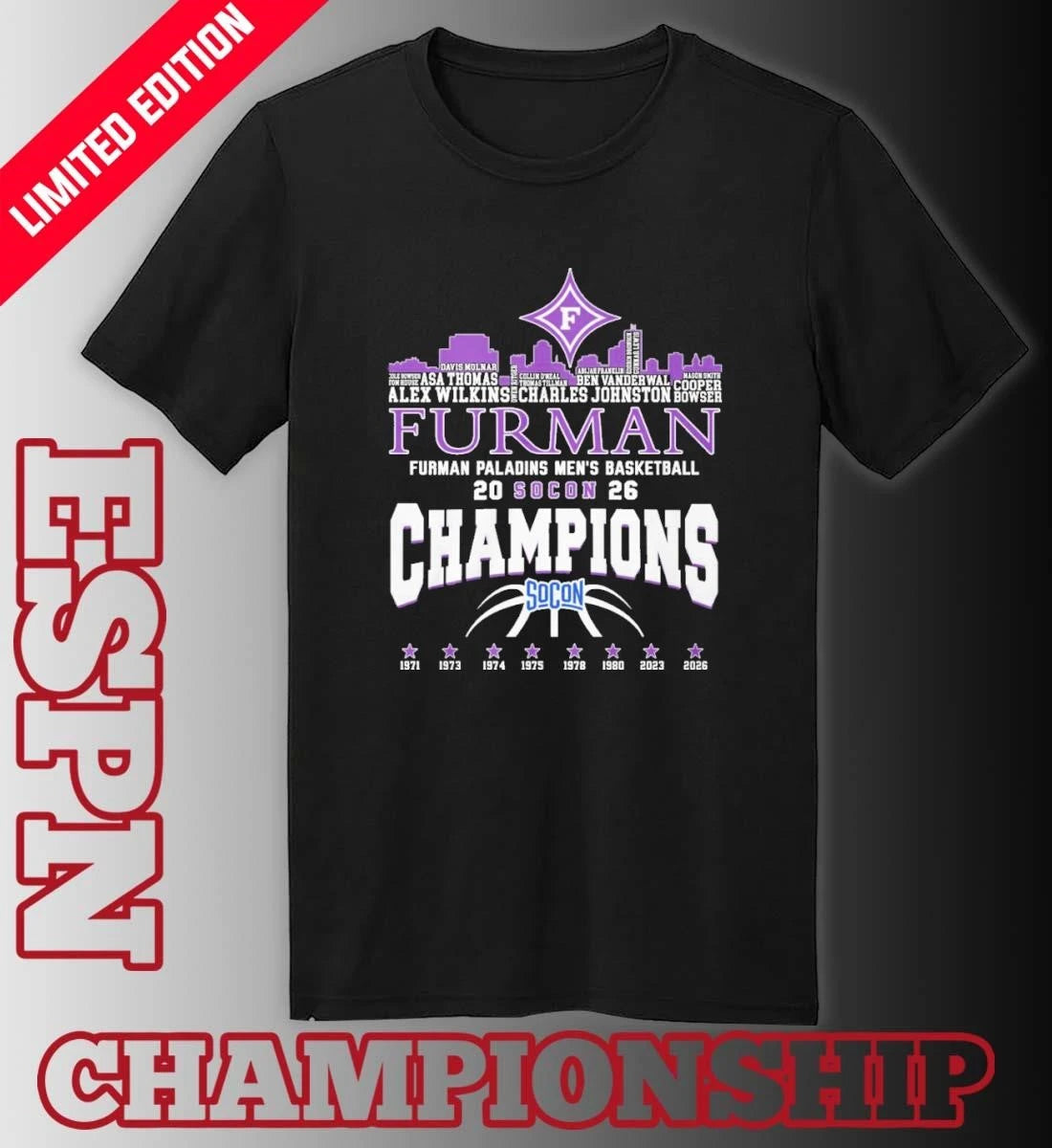 Official Furman Men’s Basketball 2026 Socon Champions Skyline Player Name Shirt