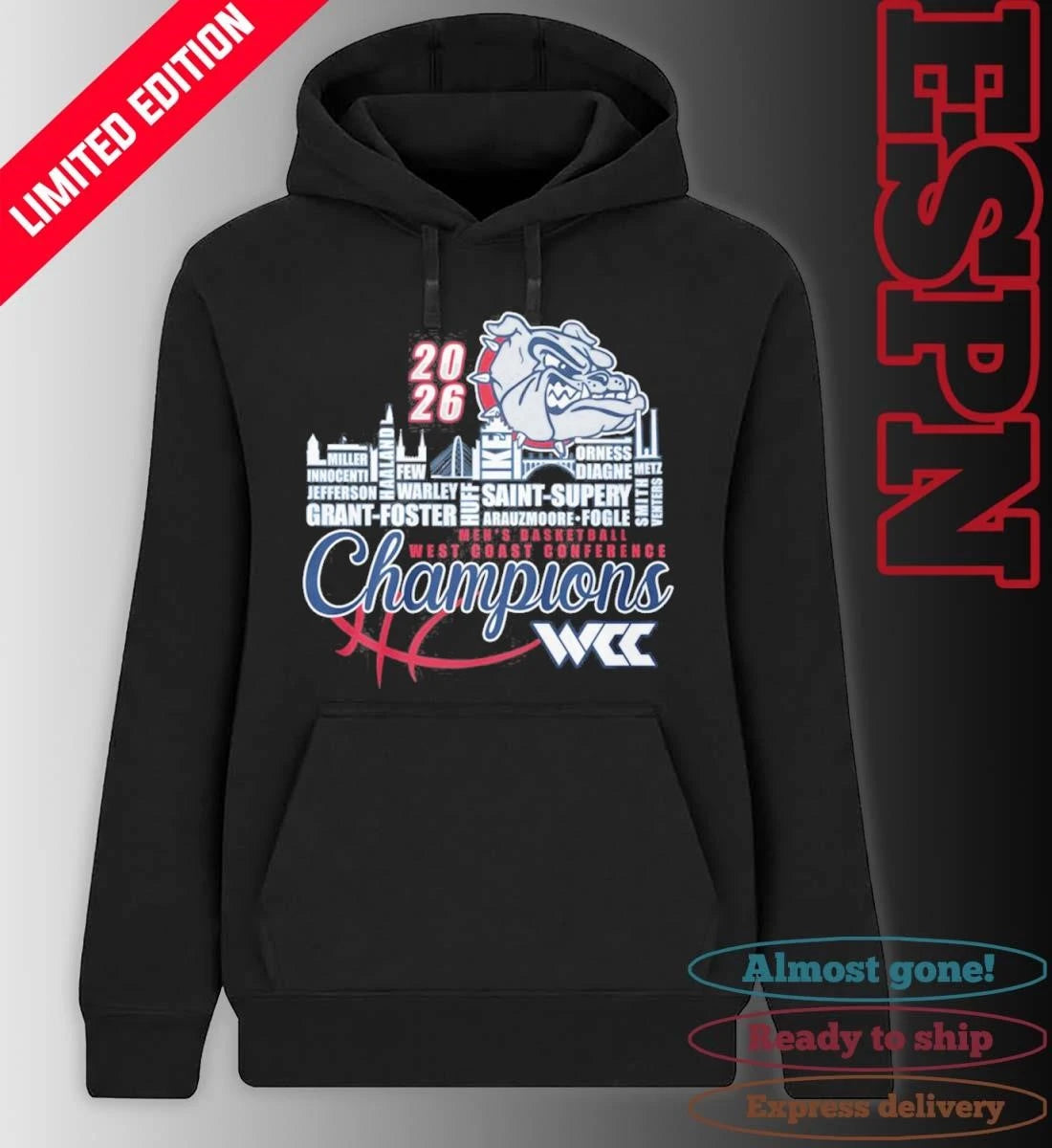 Official Gonzaga Bulldogs Men’s Basketball WCC Champions Skyline Player Name Shirt