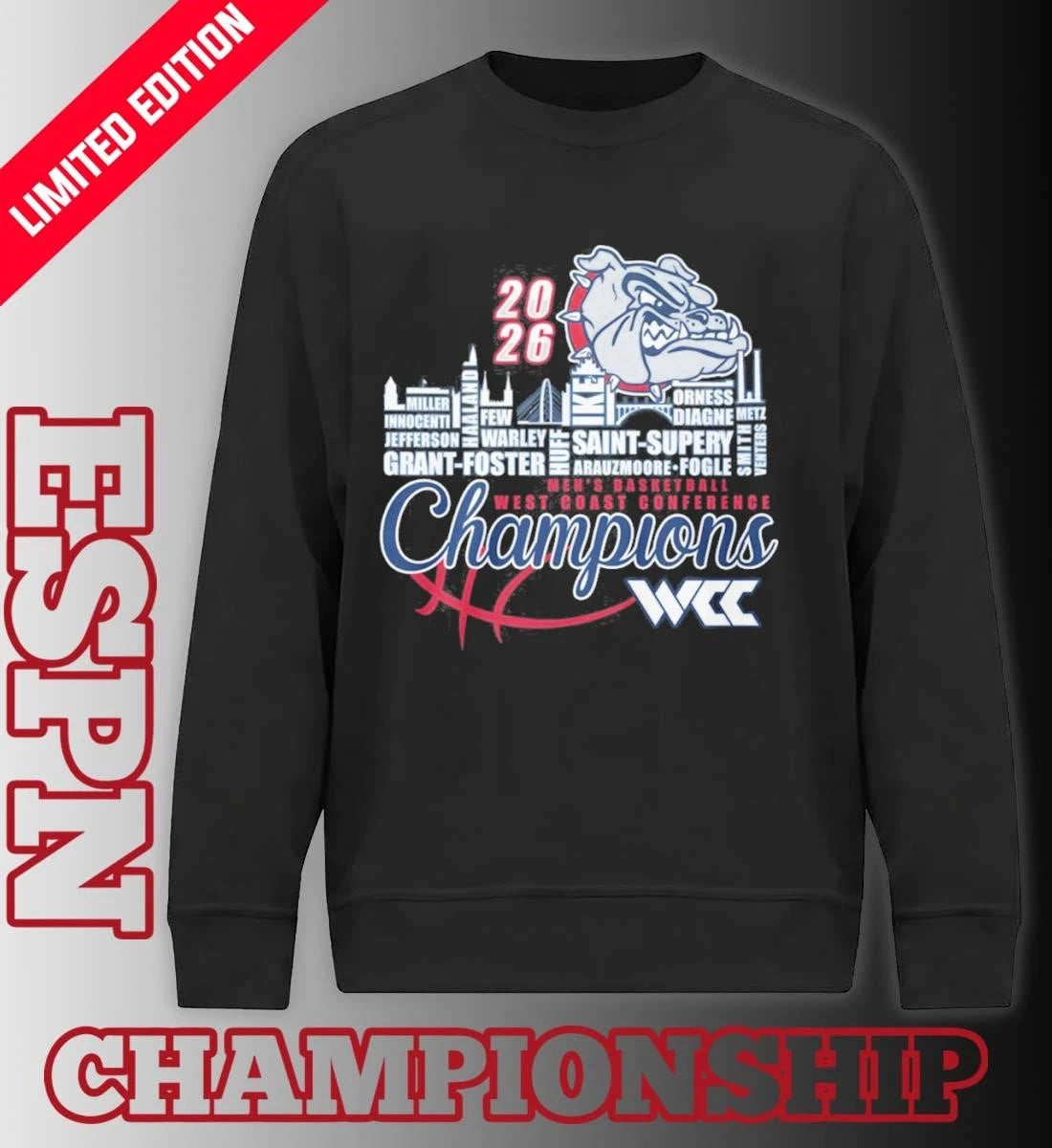 Official Gonzaga Bulldogs Men’s Basketball WCC Champions Skyline Player Name Shirt