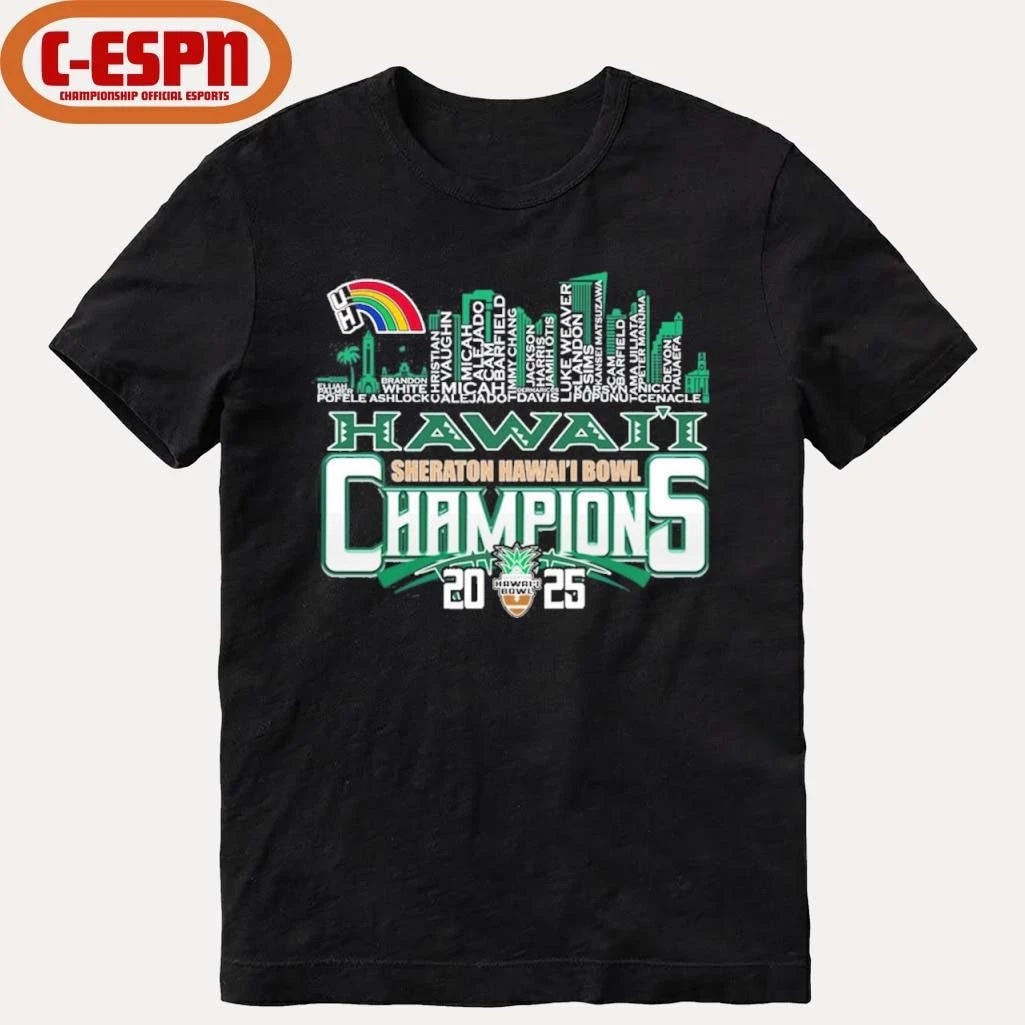 Official Hawaii Rainbow Warriors Skyline Players Name 2025 Hawaii Bowl Champions Shirt