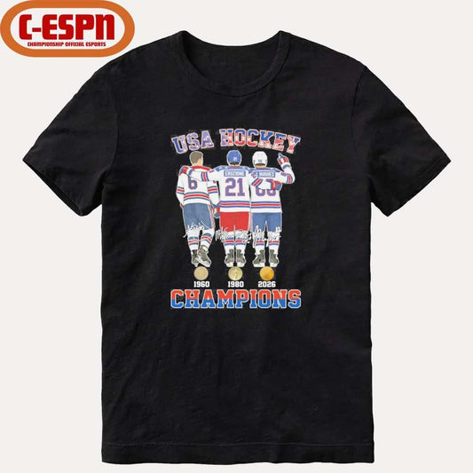 Official Herb Brooks, Mike Eruzione And Jack Hughes USA Hockey Champions Shirt