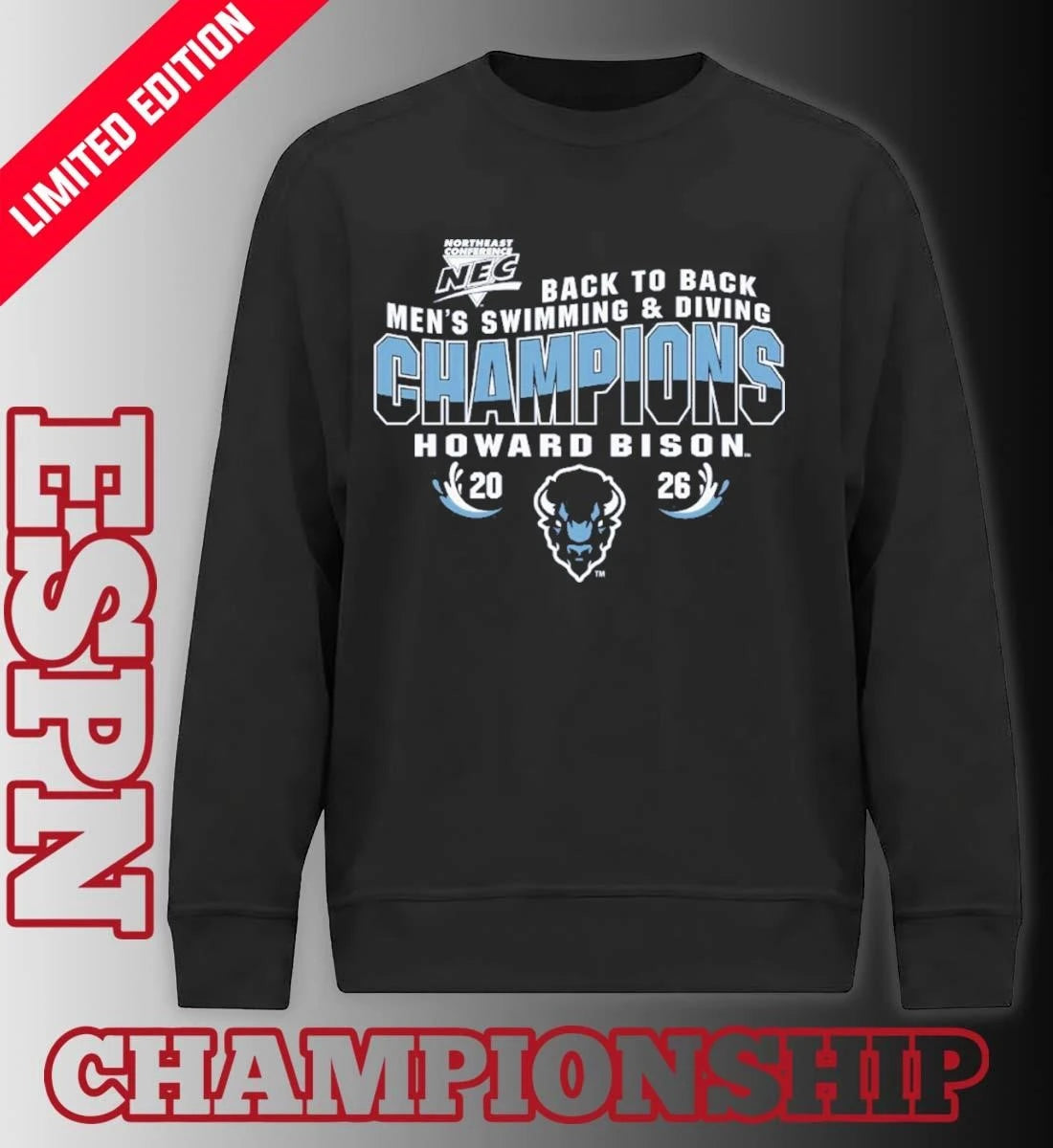 Official Howard University Men’s Swimming and Diving 2026 Back to Back NEC Champions Shirt