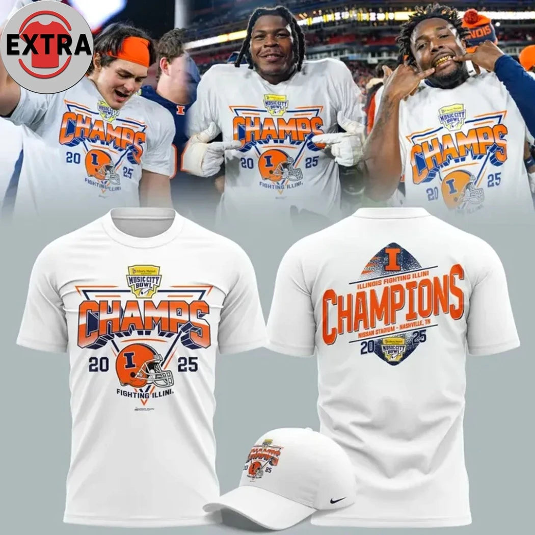Official Illinois Fighting Illini Football 2025 Music City Bowl Champions Helmet And Logo Hoodie T-Shirt