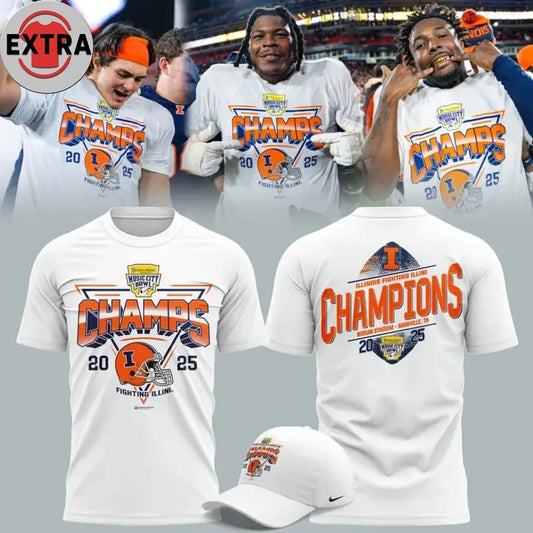 Official Illinois Fighting Illini Football 2025 Music City Bowl Champions Helmet And Logo Hoodie T-Shirt