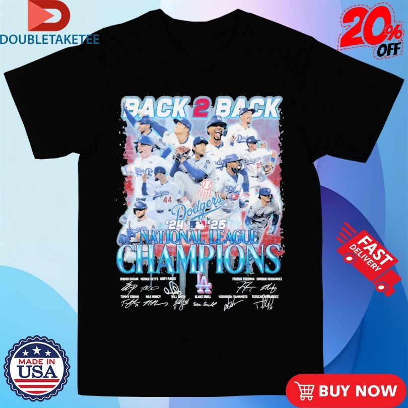 Official Los Angeles Dodgers Back 2 Back National League MLB Champions 2024 2025 Players Signatures Shirts