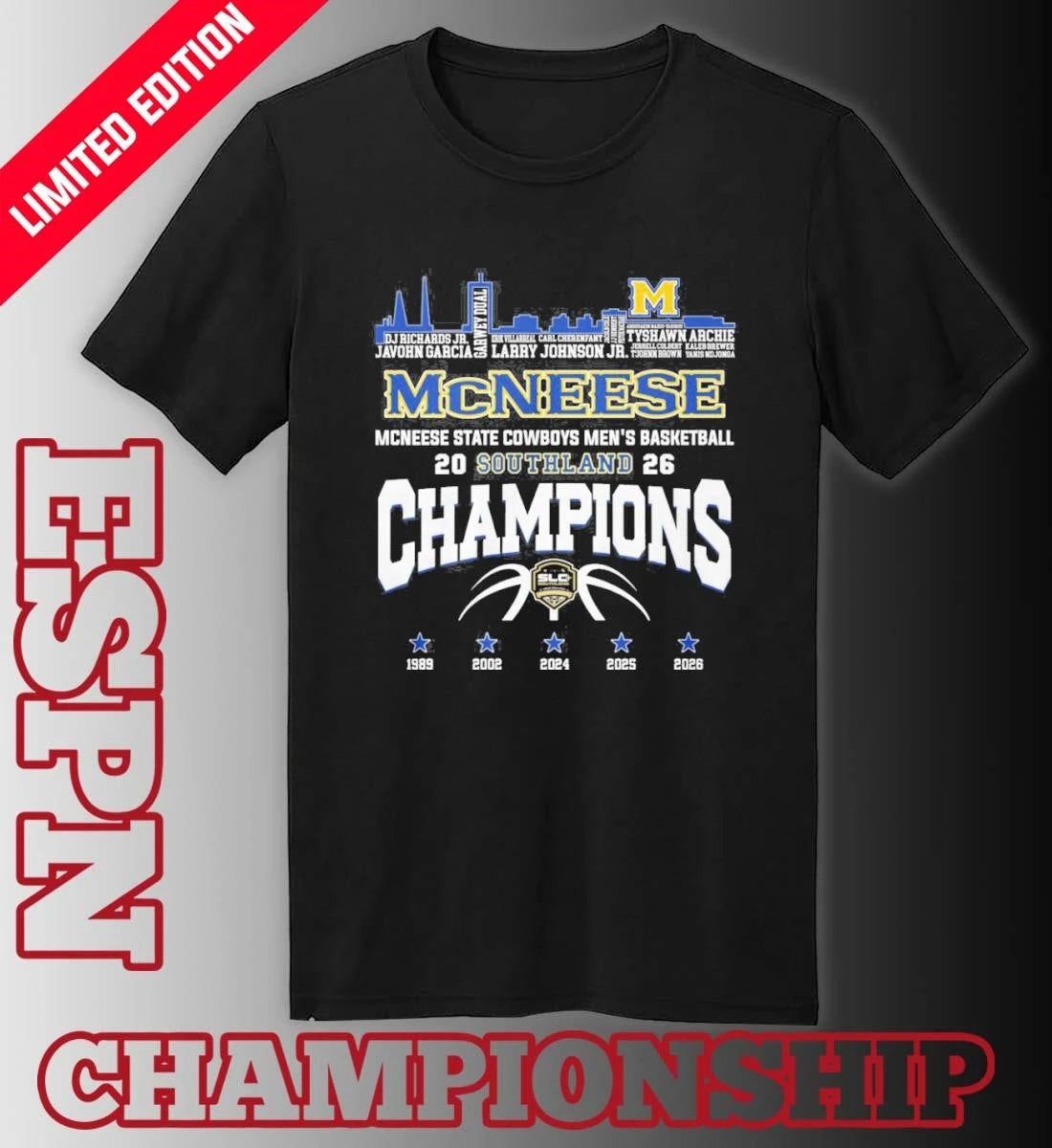 Official Mcneese State Cowboys Skyline Player Name Southland Men’s Basketball Champions Shirt