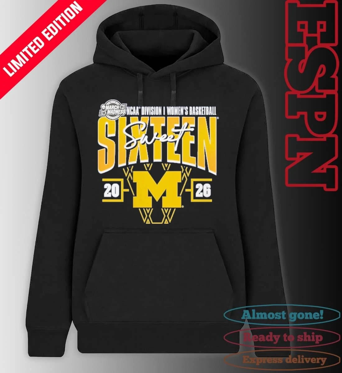 Official Michigan Wolverines 2026 NCAA Women’s Basketball Tournament March Madness Sweet 16 Court Shot T-Shirt