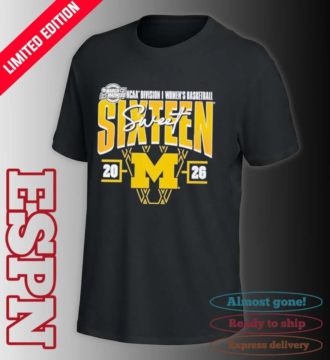 Official Michigan Wolverines 2026 NCAA Women’s Basketball Tournament March Madness Sweet 16 Court Shot T-Shirt