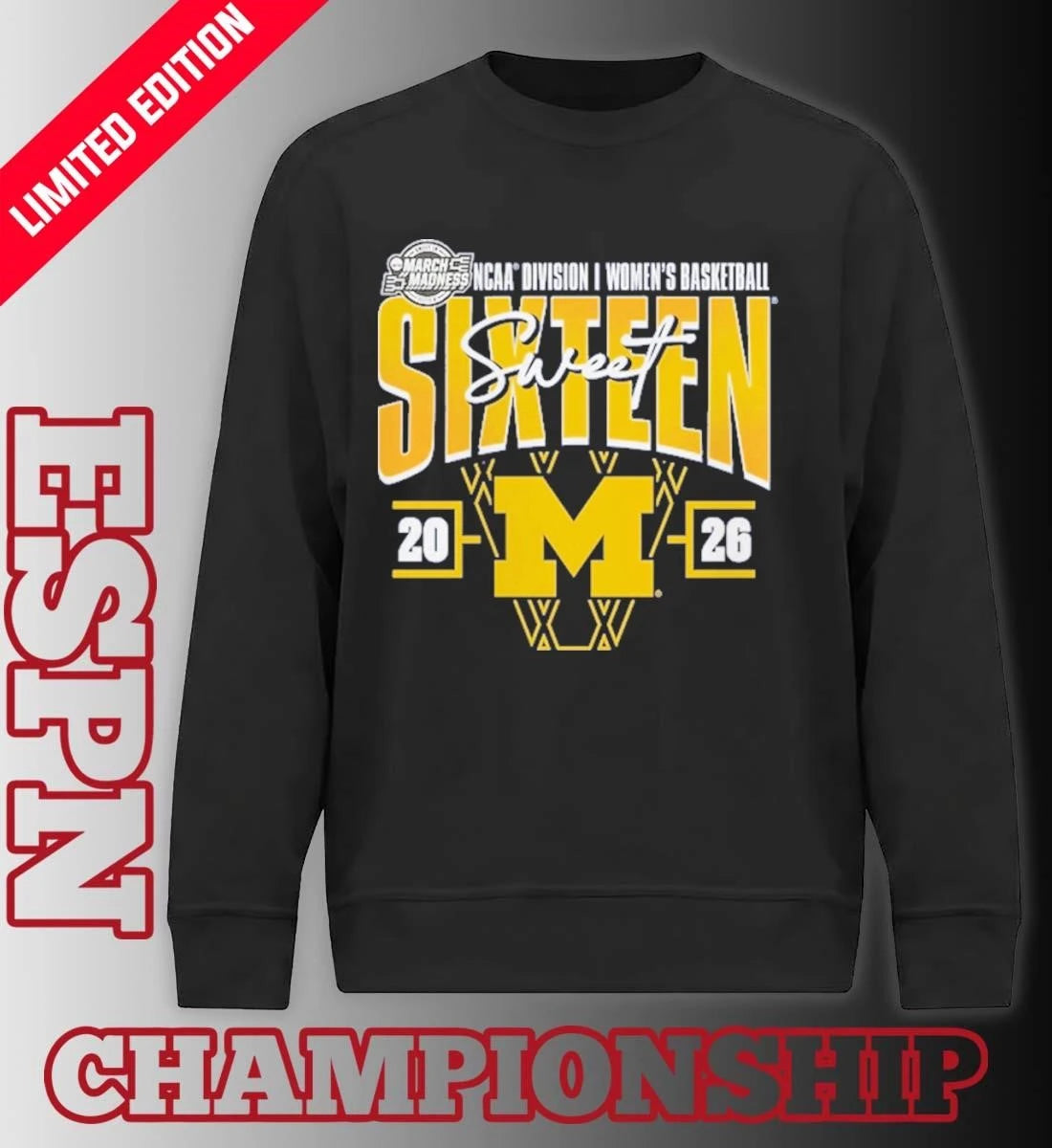 Official Michigan Wolverines 2026 NCAA Women’s Basketball Tournament March Madness Sweet 16 Court Shot T-Shirt