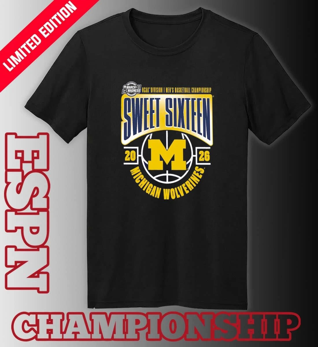Official Michigan Wolverines Sweet 16 NCAA DI Men’s Basketball Tournament March Madness 2026 T-Shirt