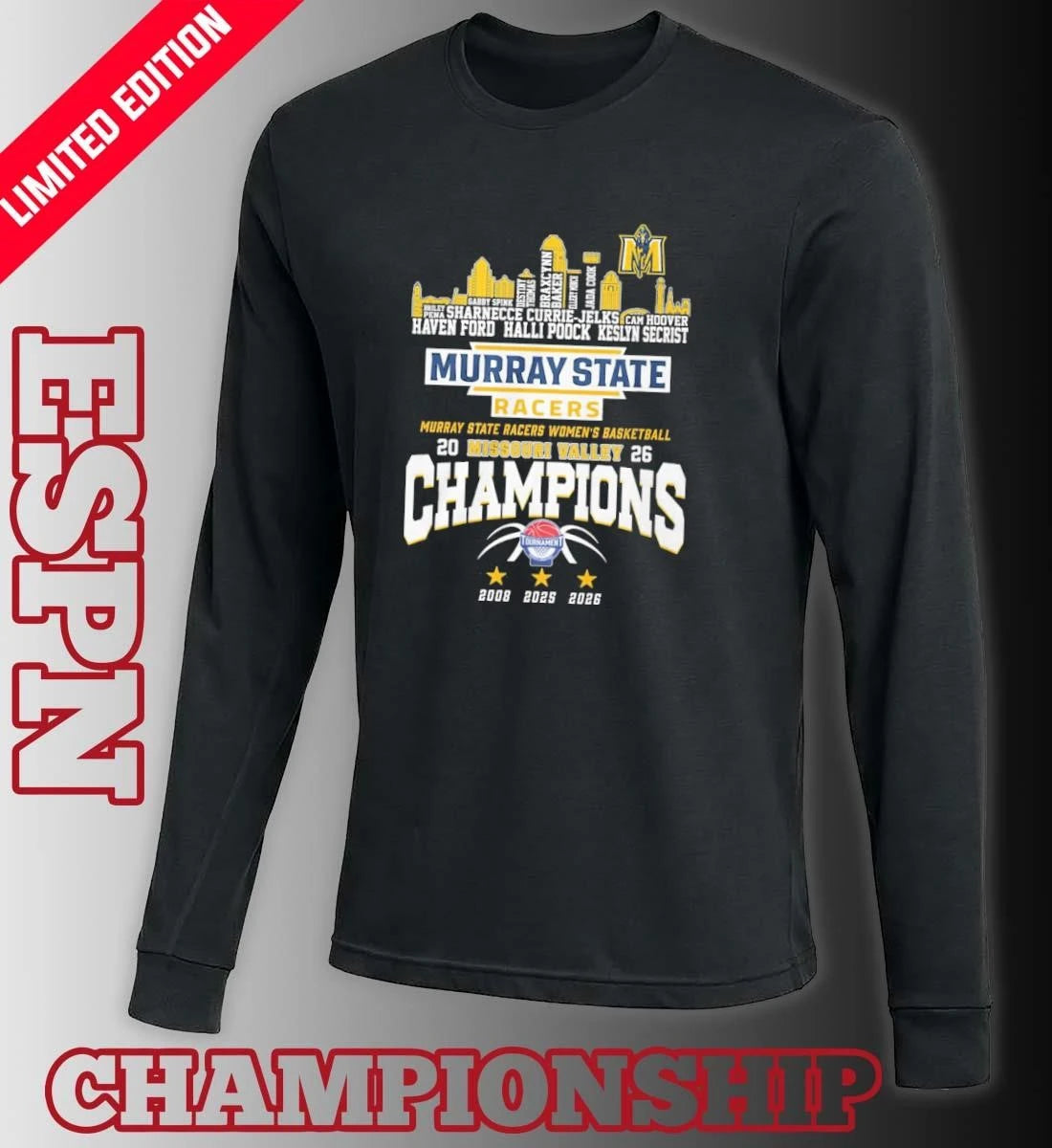 Official Murray State Women’s Basketball 2026 MVC Conference Champions Skyline Player Name Shirt