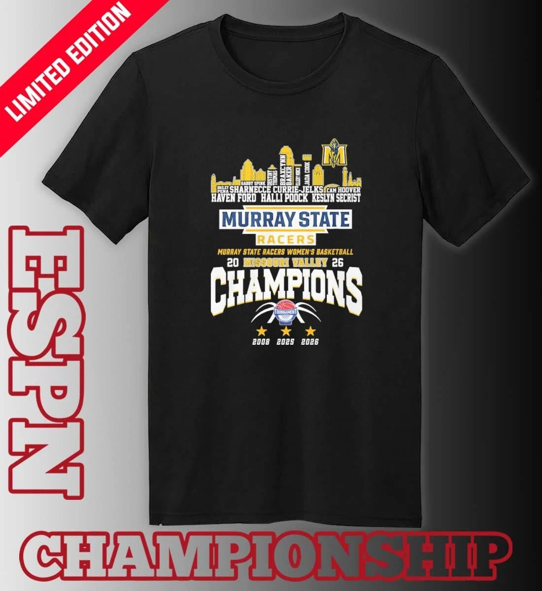 Official Murray State Women’s Basketball 2026 MVC Conference Champions Skyline Player Name Shirt