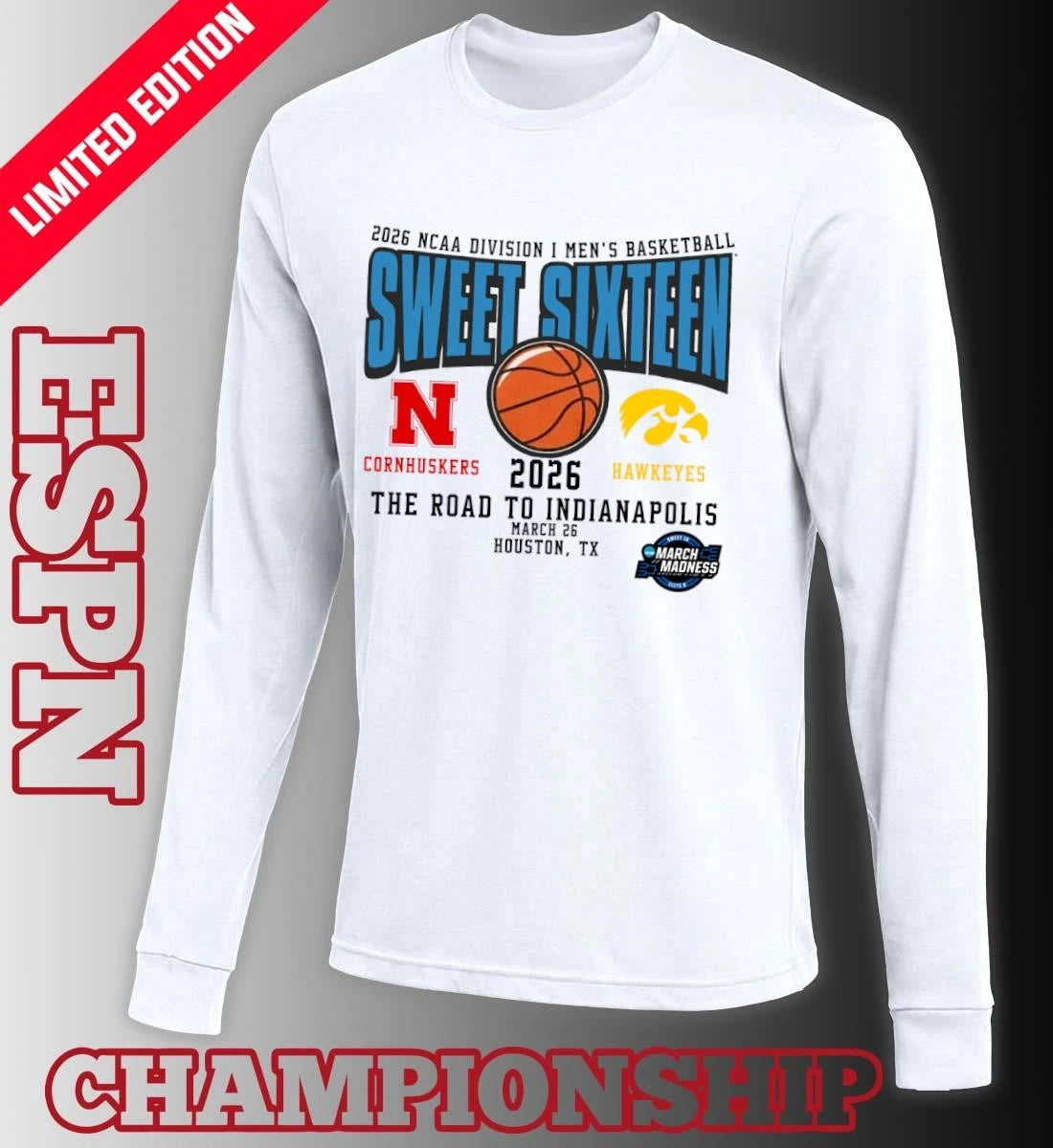 Official Nebraska Vs Iowa 2026 NCAA DI Men’s Basketball Tournament Sweet Sixteen T-Shirt
