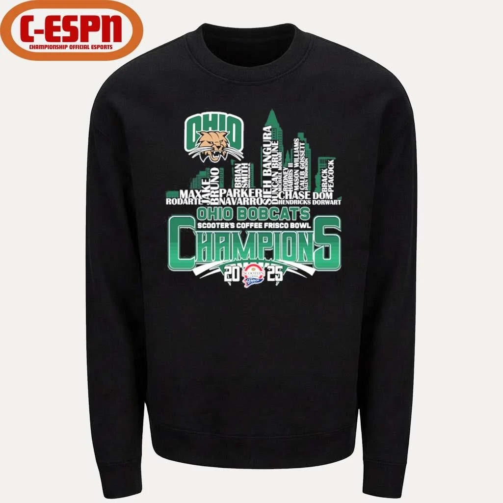 Official Ohio Bobcats Skyline Player Name 2025 Frisco Bowl Champions Shirt