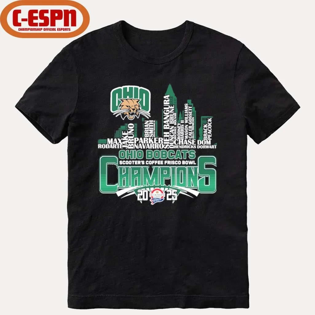 Official Ohio Bobcats Skyline Player Name 2025 Frisco Bowl Champions Shirt