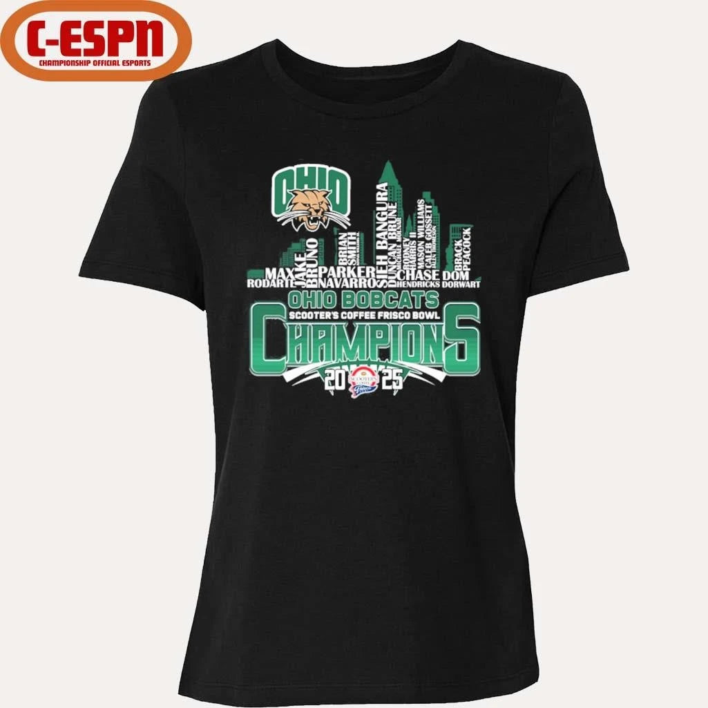 Official Ohio Bobcats Skyline Player Name 2025 Frisco Bowl Champions Shirt