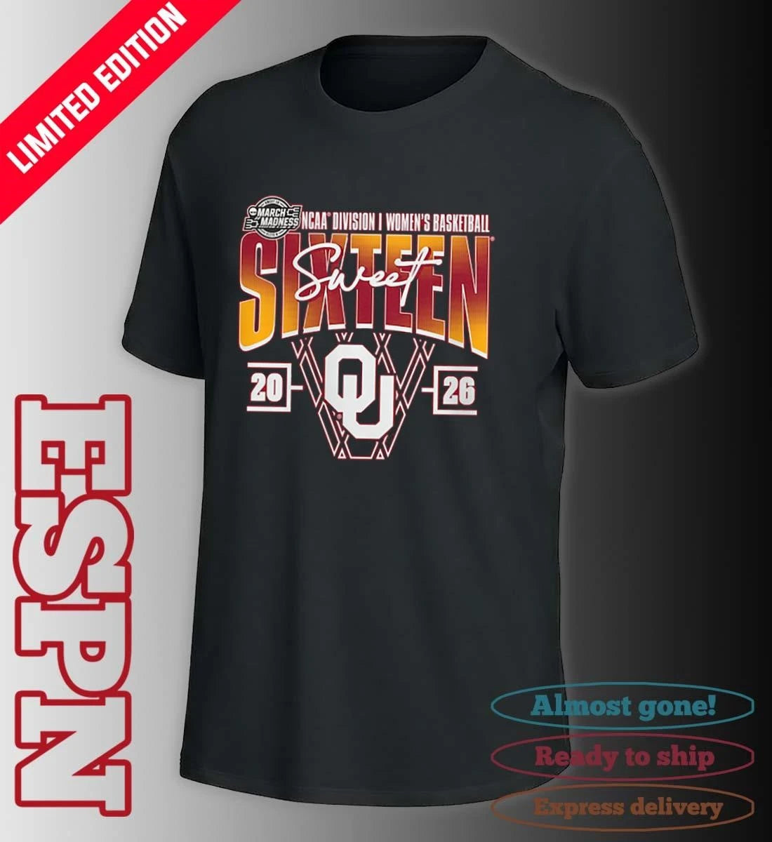 Official Oklahoma Sooners 2026 NCAA Women’s Basketball Tournament March Madness Sweet 16 Court Shot T-Shirt