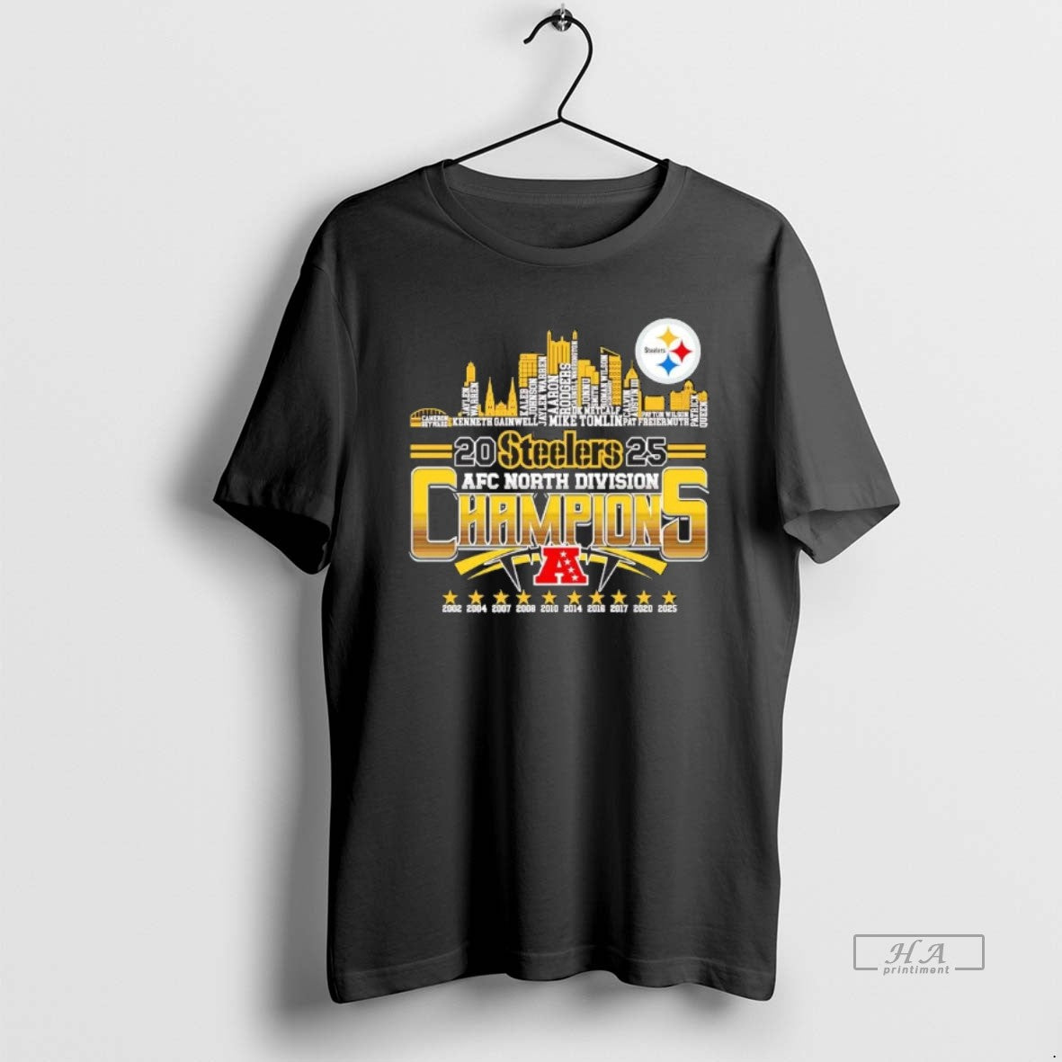 Official Pittsburgh Steelers 2025 Afc North Champions Players Names Skyline T-Shirts, Hoodie, Sweatshirt | ZylaModa.com